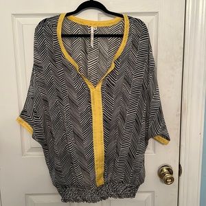 Sheer Blouse blank and white with yellow trim